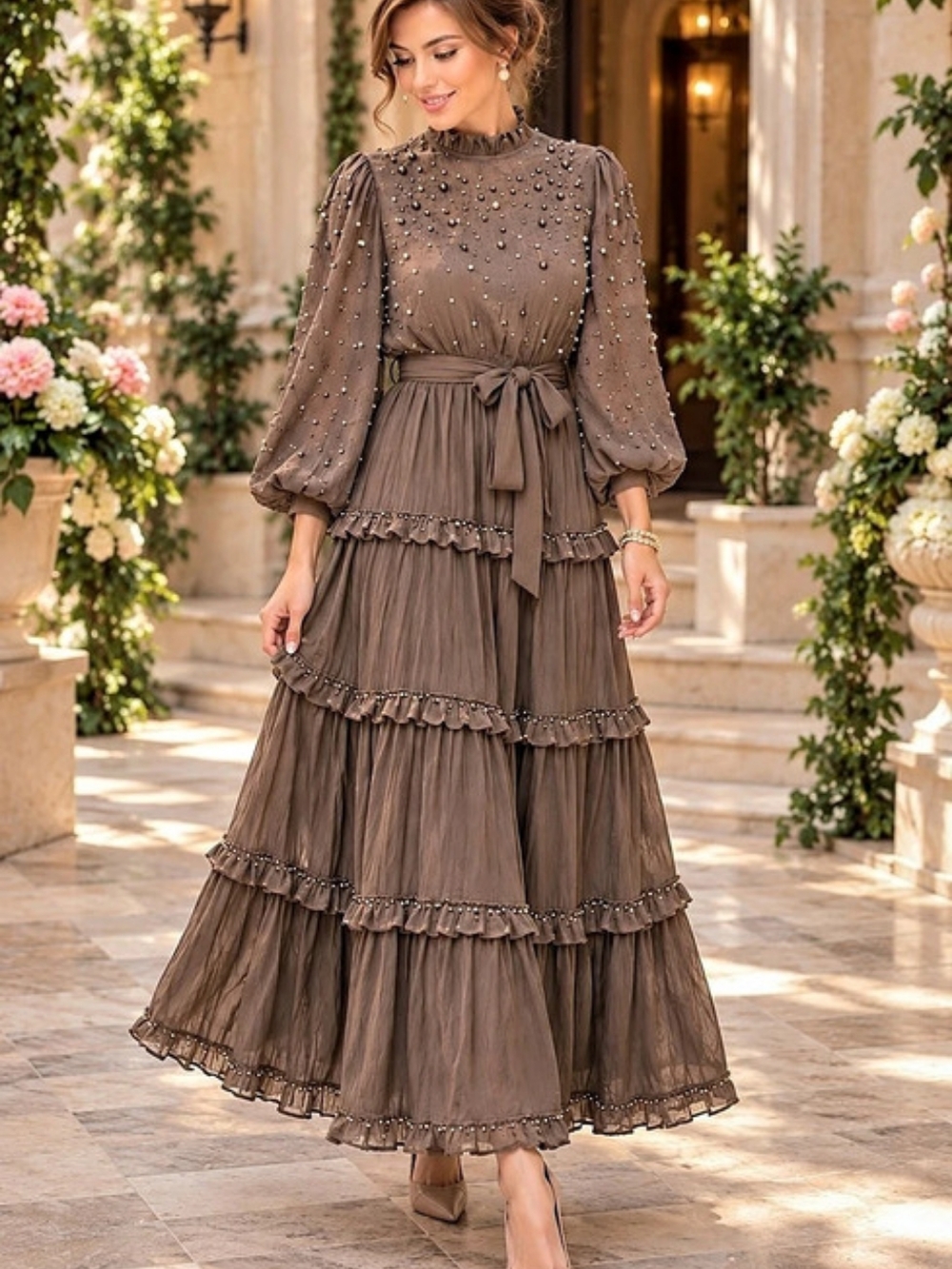 12 Viscose Cotton Pearl Accent Tiered Long Sleeve Maxi Dress in Brown